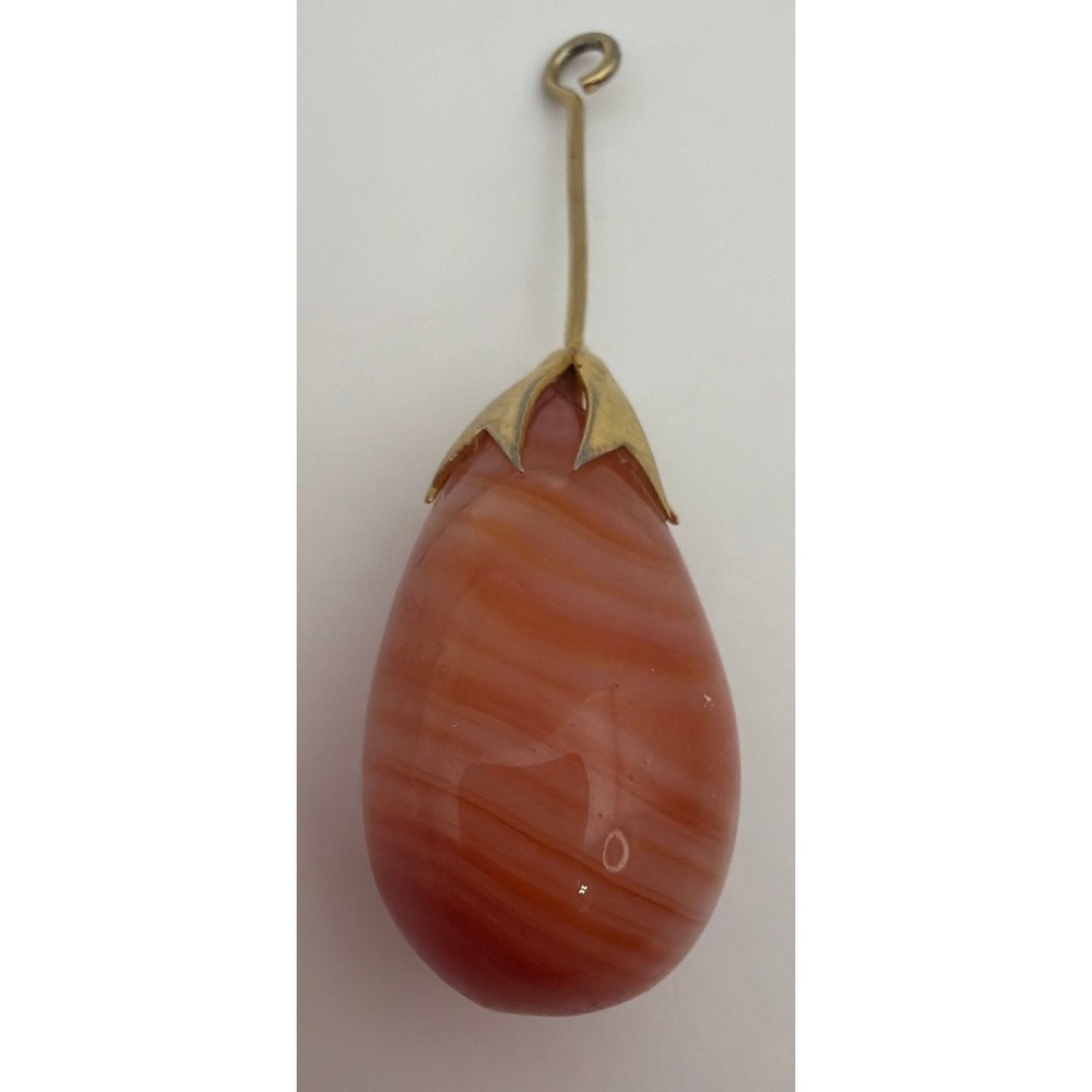 Vintage Banded Agate Teardrop Pendant Orange White Stone Gold Tone Cap Q016